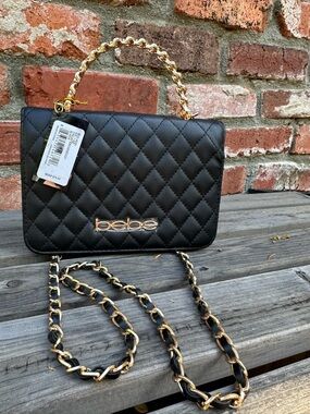 bebe Black Quilted Crossbody with Gold Chain